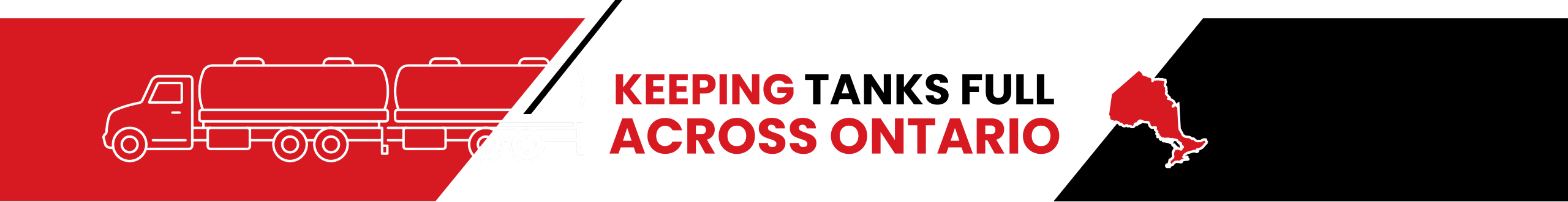 Banner with outline of Sapson Petroleum B-train tanker, “KEEPING TANKS FULL ACROSS ONTARIO” statement and North American map